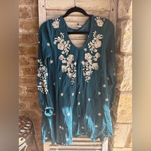 Free People Sweet Tennessee Dress XS Blue BohoRayon Embroidery Oversized Light.